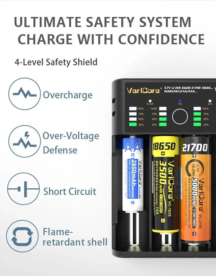 Chargeur intelligent portable pour batteries lithium 3,7V et 1,2 V Ni-MH Ni-Cd AA/AAA "VariCore VCQ4 TC2"