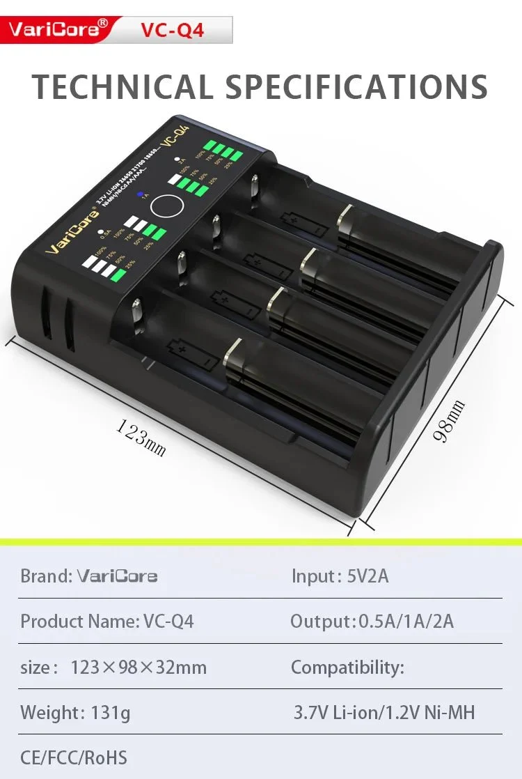 Chargeur intelligent portable pour batteries lithium 3,7V et 1,2 V Ni-MH Ni-Cd AA/AAA "VariCore VCQ4 TC2"