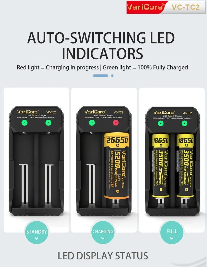 Chargeur intelligent portable pour batteries lithium 3,7V et 1,2 V Ni-MH Ni-Cd AA/AAA "VariCore VCQ4 TC2"