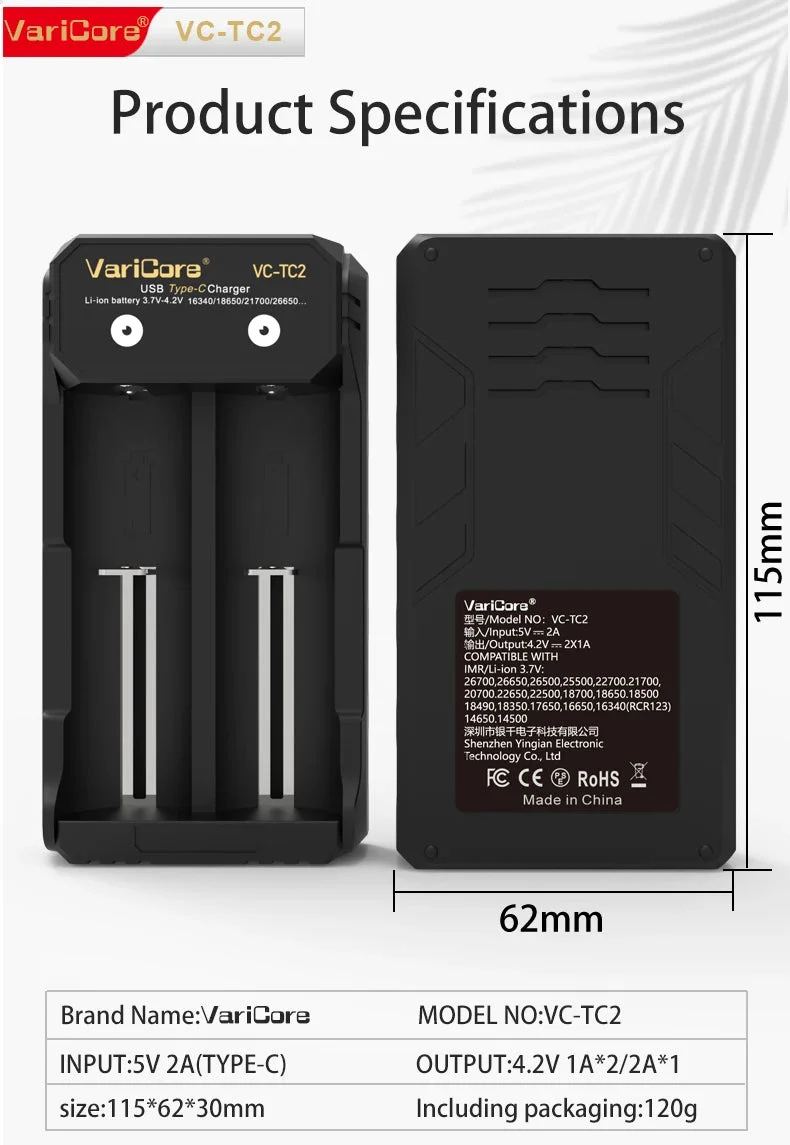Chargeur intelligent portable pour batteries lithium 3,7V et 1,2 V Ni-MH Ni-Cd AA/AAA "VariCore VCQ4 TC2"