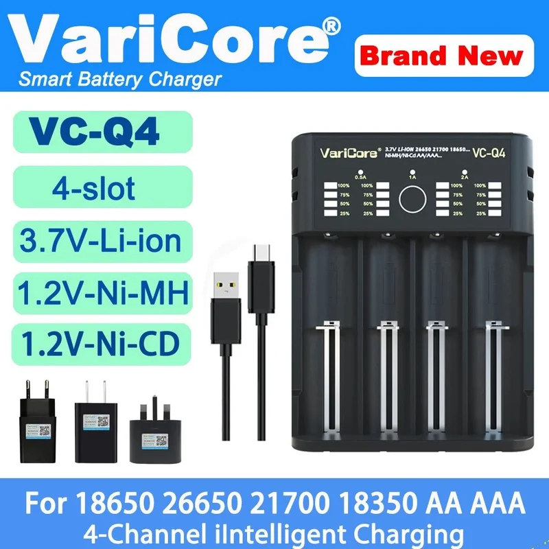 Chargeur intelligent portable pour batteries lithium 3,7V et 1,2 V Ni-MH Ni-Cd AA/AAA "VariCore VCQ4 TC2"