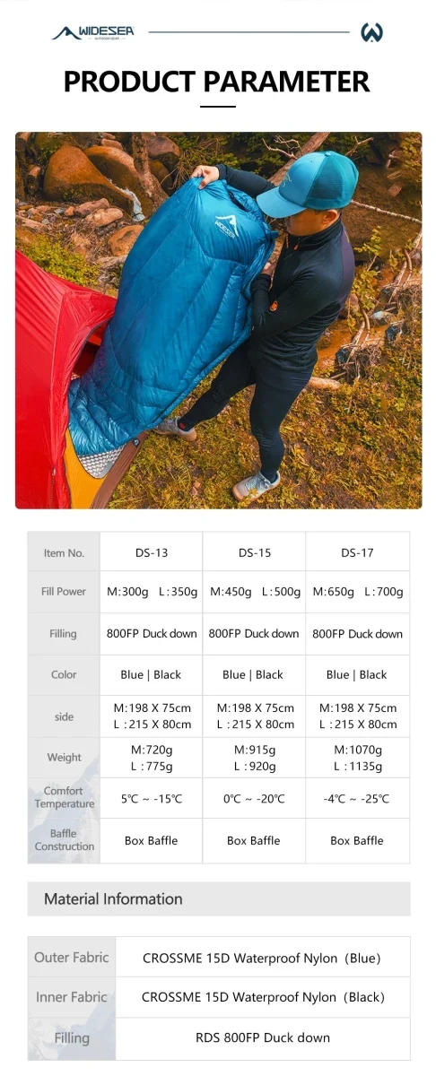 Sac de couchage ultralight en duvet de canard 800 FP & nylon imperméable RDS "Widesea - DS Series"