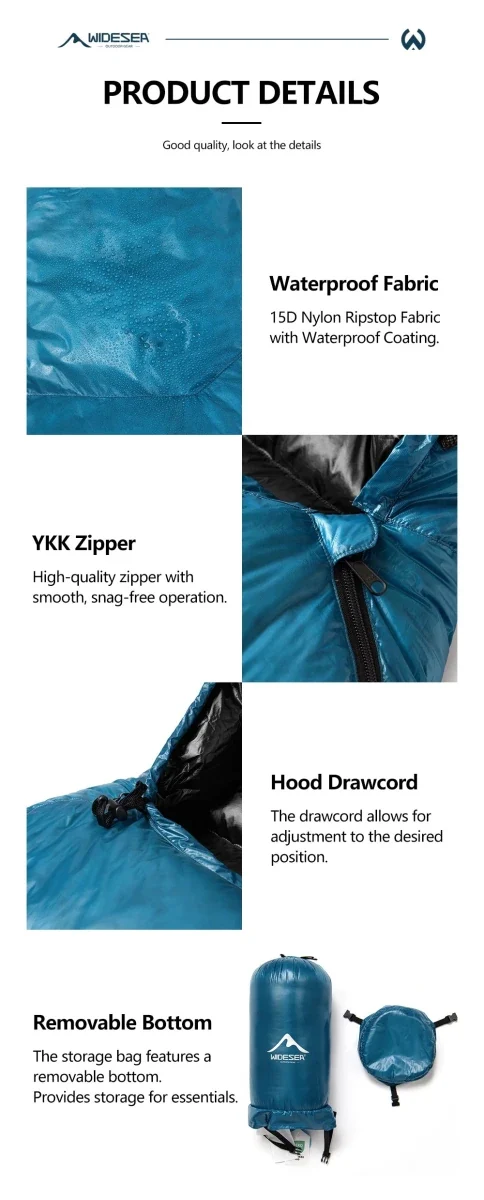 Sac de couchage ultralight en duvet de canard 800 FP & nylon imperméable RDS "Widesea - DS Series"