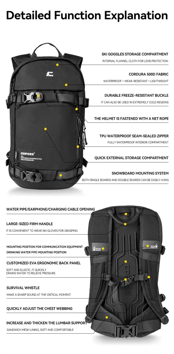 Sac à dos de ski multifonctionnel avec technologie Cordura & Snow Field Armor 15L "COPOZZ - HXB-250001"