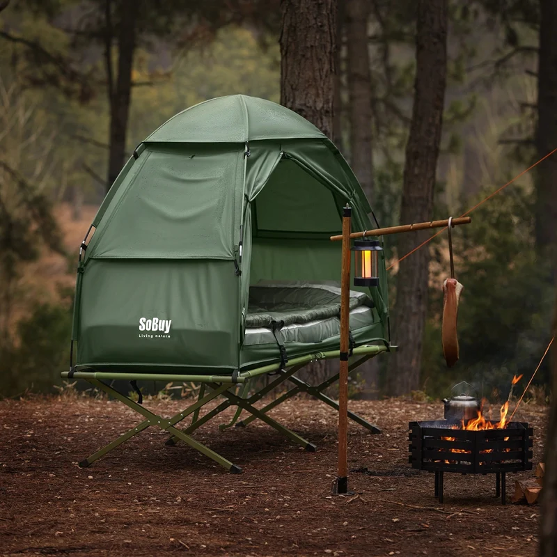 Lit de camp 4 en 1 avec matelas, tente et sac de transport pour 1 personne "SoBuy - OGS32-GR"
