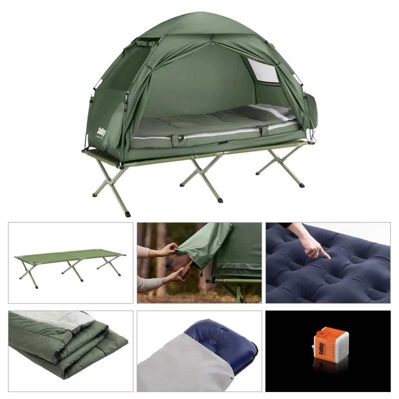 Lit de camp 4 en 1 avec matelas, tente et sac de transport pour 1 personne "SoBuy - OGS32-GR"