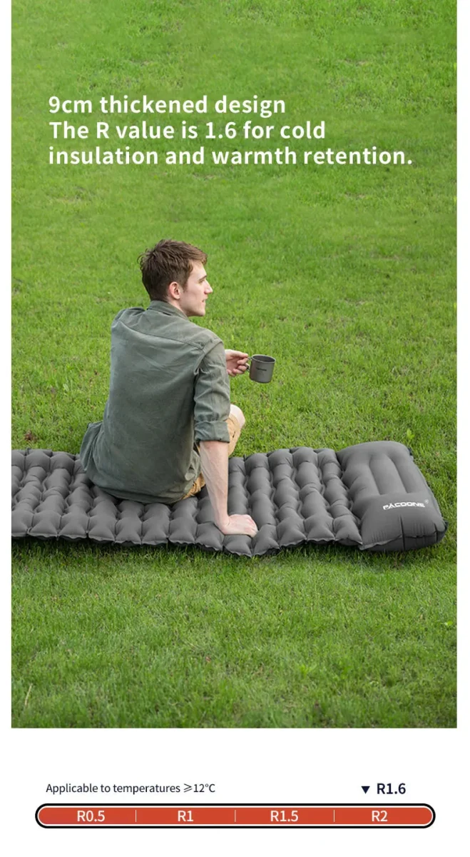 Matelas gonflable avec pompe et oreiller intégré 9cm R-Value 3 700g "PACOONE - Ultra pad PA01"