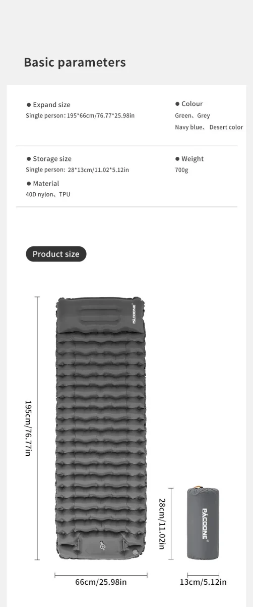 Matelas gonflable avec pompe et oreiller intégré 9cm R-Value 3 700g "PACOONE - Ultra pad PA01"