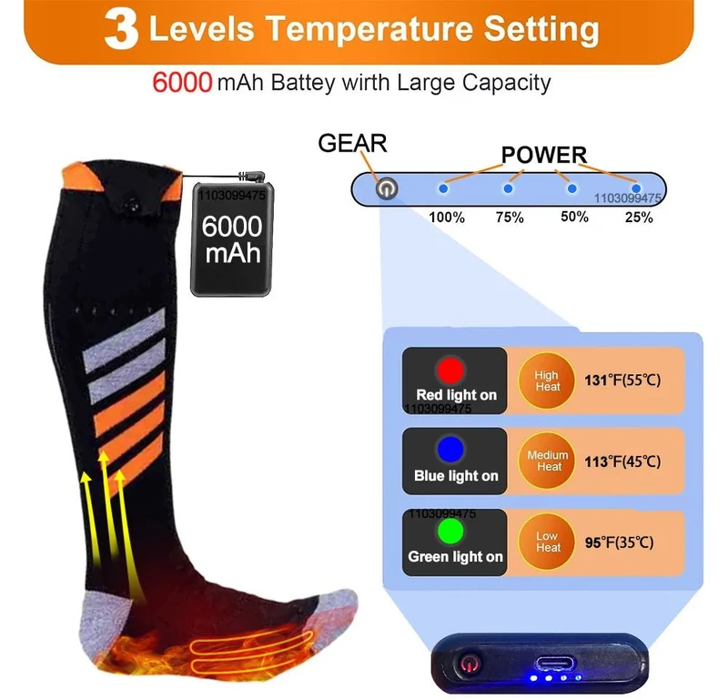 Chaussettes chauffantes rechargeables 6000 mAh pour les sports de plein air "LEOSOXS - Control Socks"