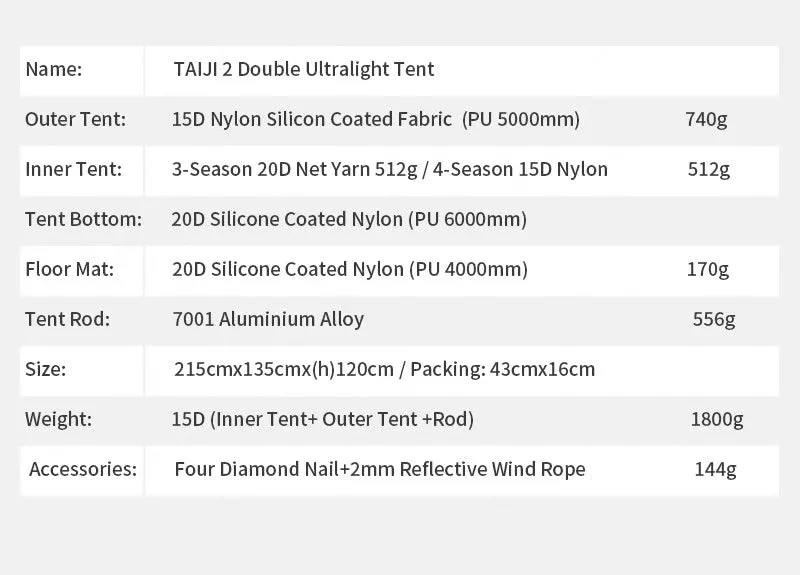 Tente de bivouac autoportante ultralégère pour 2 personnes 1,8kg "3F UL GEAR - TaiJi 2"