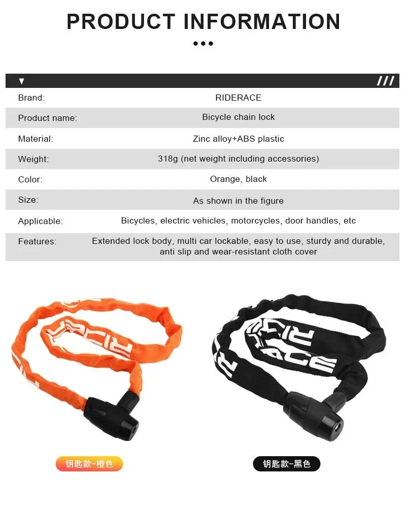 Antivol de vélo haute sécurité à chaine avec 2 clés "RIDERACE - Chain lock"