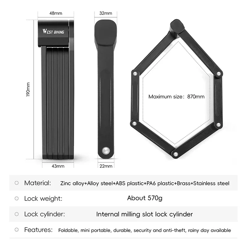 Antivol pliable de 87 cm en acier allié haute sécurité pour VTT, vélo de route, vélo électrique "WEST BIKING - PFL002"