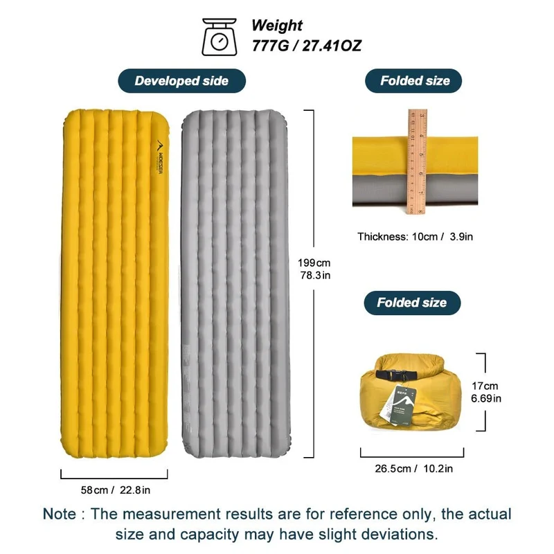 Matelas gonflable léger et confortable 10cm 770g R-Value 7.6 (4 saisons) "Widesea - AM01Y"