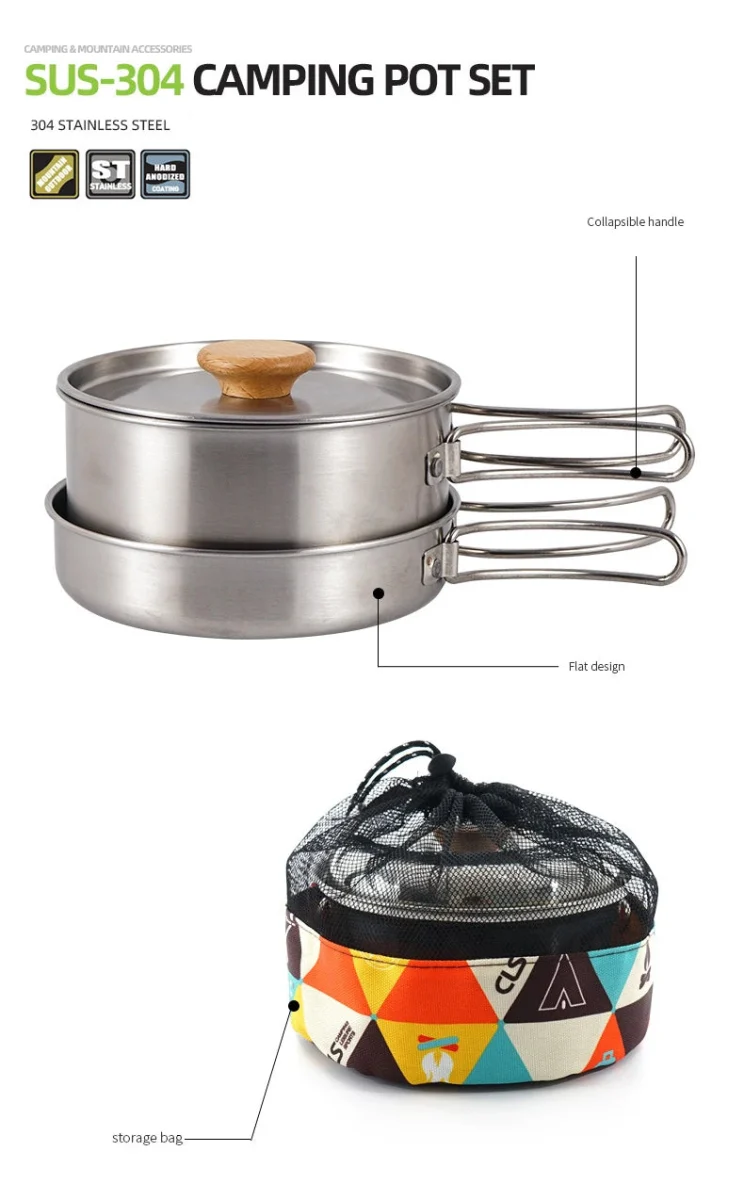 Ensemble popote en acier inoxydable 304 pour le bivouac et le camping "CLS Outdoor - Camping Pot Set"