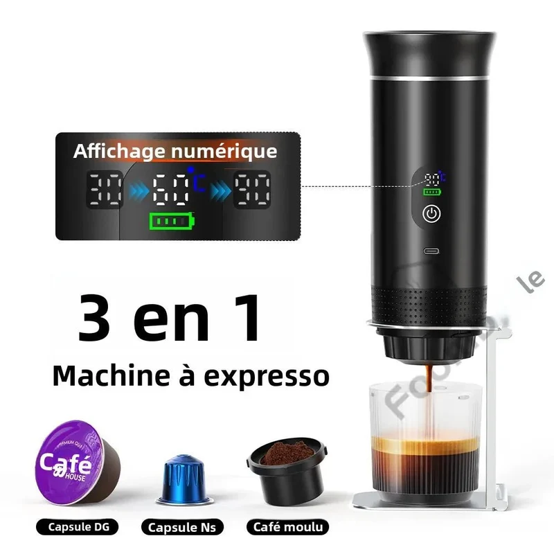 Machine à café expresso portable avec affichage numérique avec capsules 3 en 1 pour la randonnée et le camping "DENOKIN - JN02"