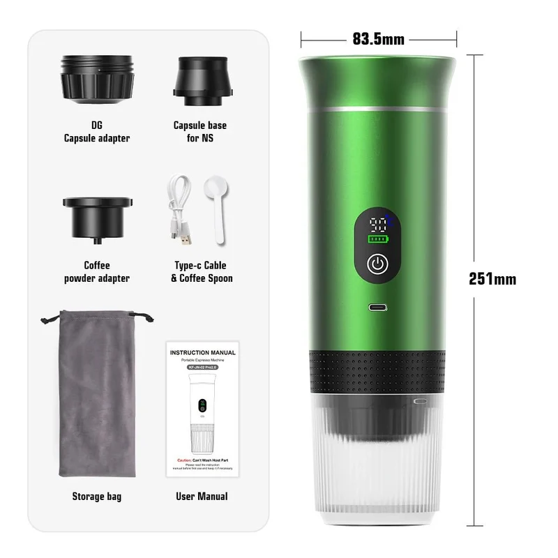 Machine à café expresso portable avec affichage numérique avec capsules 3 en 1 pour la randonnée et le camping "DENOKIN - JN02"