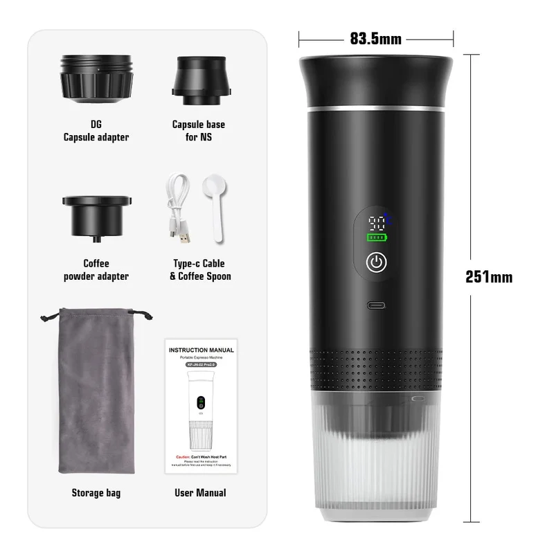 Machine à café expresso portable avec affichage numérique avec capsules 3 en 1 pour la randonnée et le camping "DENOKIN - JN02"