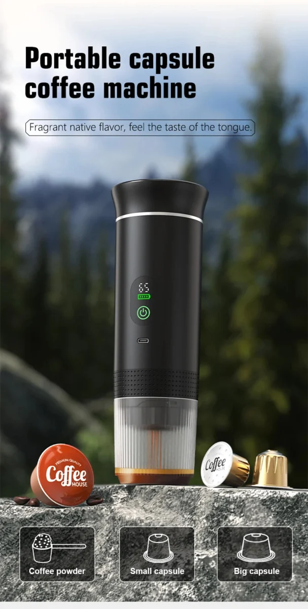 Machine à café expresso portable avec affichage numérique avec capsules 3 en 1 pour la randonnée et le camping "DENOKIN - JN02"