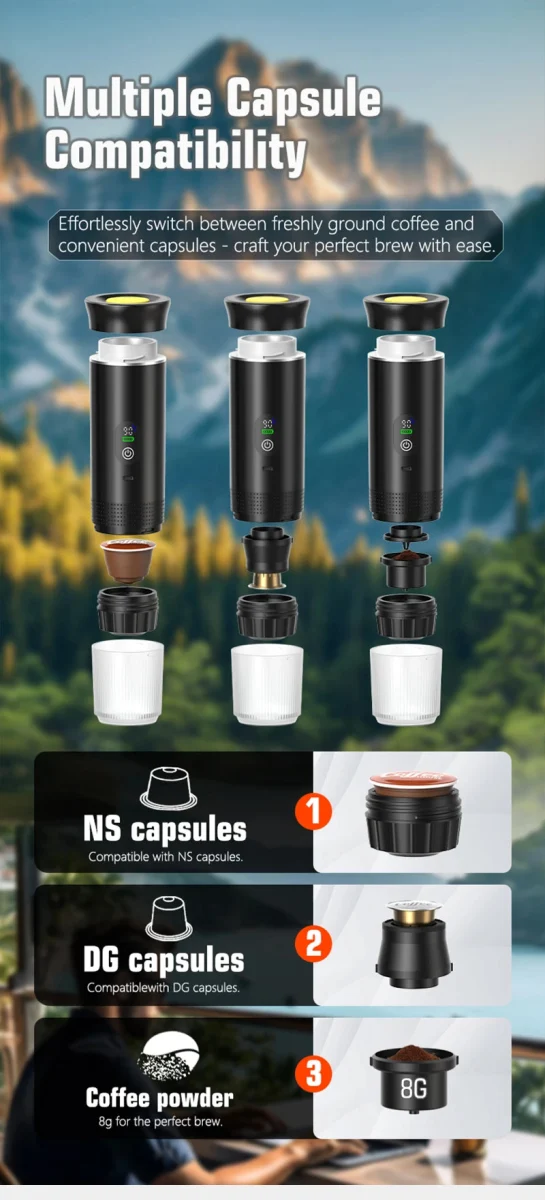 Machine à café expresso portable avec affichage numérique avec capsules 3 en 1 pour la randonnée et le camping "DENOKIN - JN02"