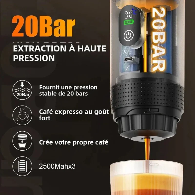 Machine à café expresso portable avec affichage numérique avec capsules 3 en 1 pour la randonnée et le camping "DENOKIN - JN02"