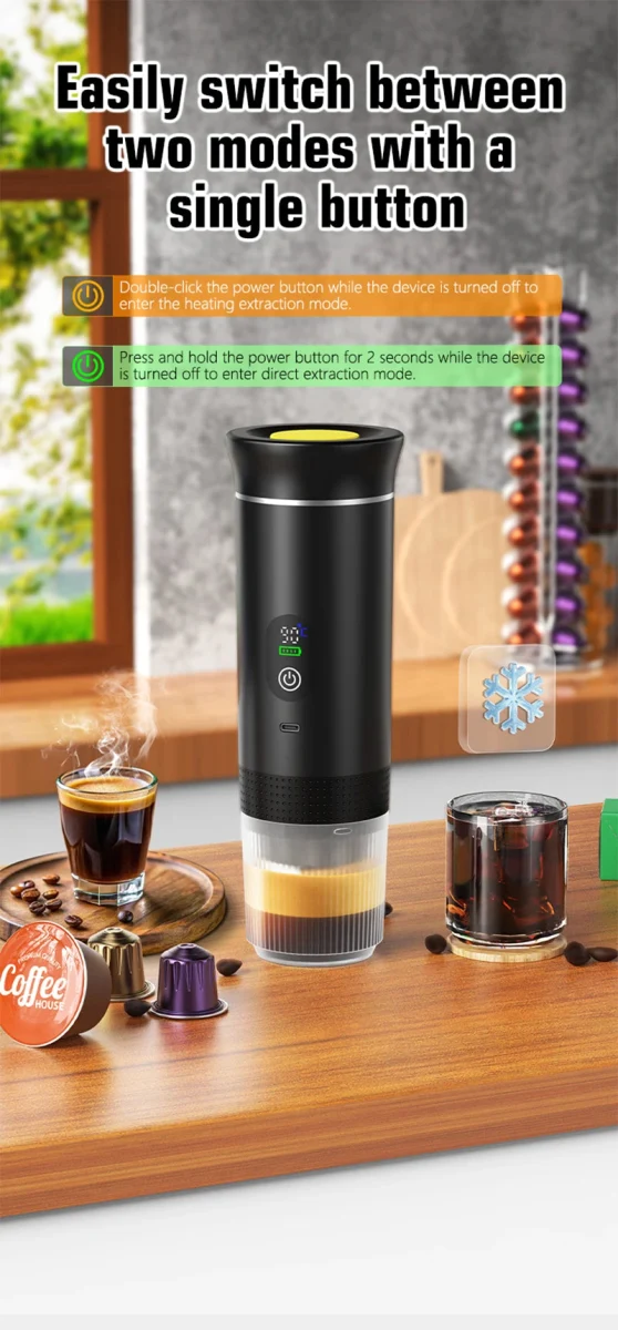 Machine à café expresso portable avec affichage numérique avec capsules 3 en 1 pour la randonnée et le camping "DENOKIN - JN02"