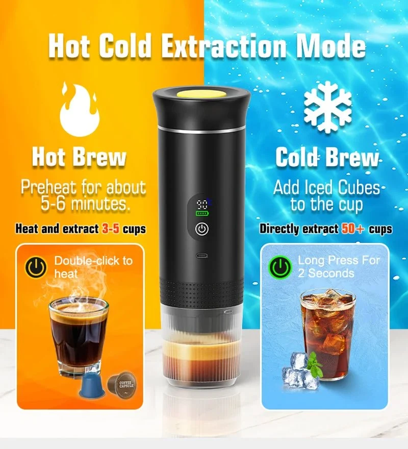 Machine à café expresso portable avec affichage numérique avec capsules 3 en 1 pour la randonnée et le camping "DENOKIN - JN02"