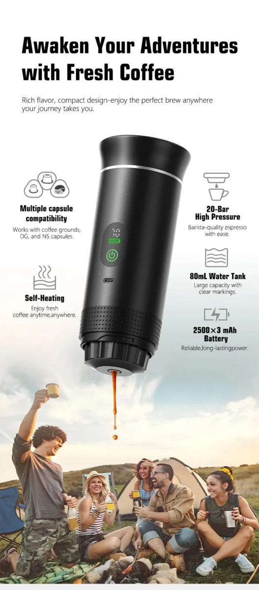 Machine à café expresso portable avec affichage numérique avec capsules 3 en 1 pour la randonnée et le camping "DENOKIN - JN02"
