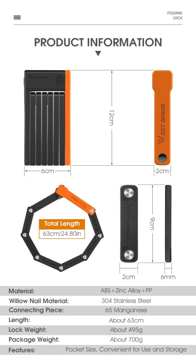 Antivol pliable pour vélo, VTT, route et gravel "WEST BIKING - YP0705071"