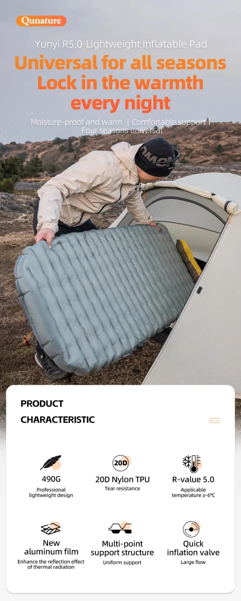 Matelas gonflable ultra-léger pour le bivouac et camping R-Value 5.0 confort -10°C à partir de 490g "Qunature - 600084"
