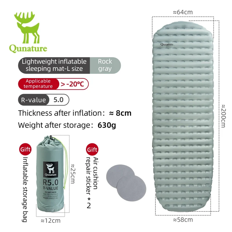 Matelas gonflable ultra-léger pour le bivouac et camping R-Value 5.0 confort -10°C à partir de 490g "Qunature - 600084"