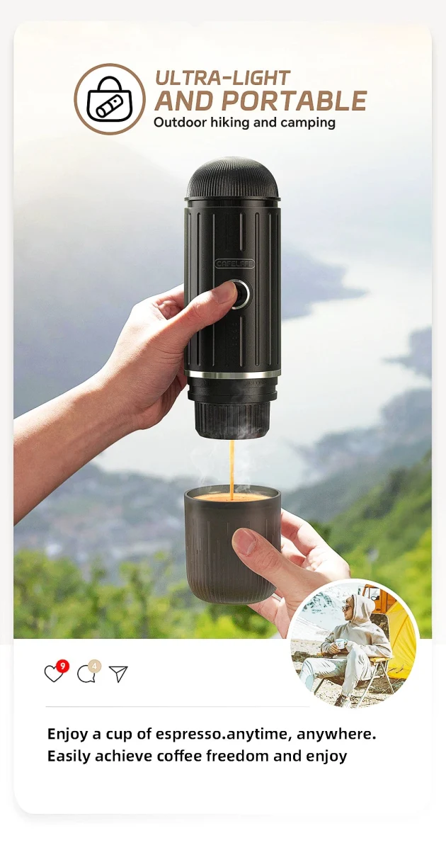 Machine à expresso portable électrique sans fil 19 bars pour le camping, la randonnée et les voyages van-life "Cafelffe - ME2218"