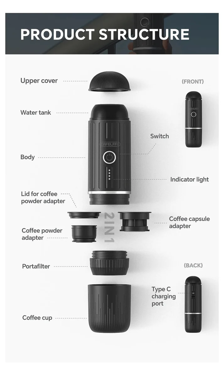 Machine à expresso portable électrique sans fil 19 bars pour le camping, la randonnée et les voyages van-life "Cafelffe - ME2218"