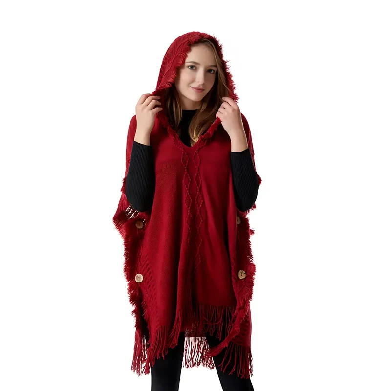 Poncho femme avec capuche laine