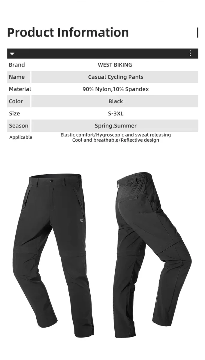 Pantalon / short de randonnée, bikepacking 2 en 1 pour homme "WEST BIKING - YP0203131"