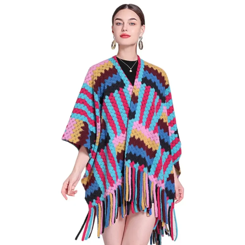 Poncho femme hiver multicolore