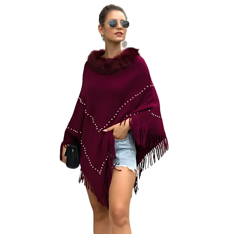 Poncho femme avec col a poil