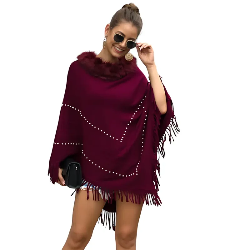 Poncho femme avec col a poil