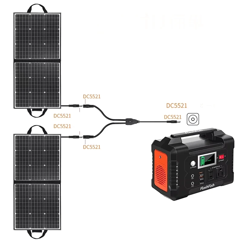 Lot de 2 connecteurs de panneaux solaires, câble parallèle en Y mâle DC5521 vers 2 câbles femelles DC5521 "FF Flashfish"