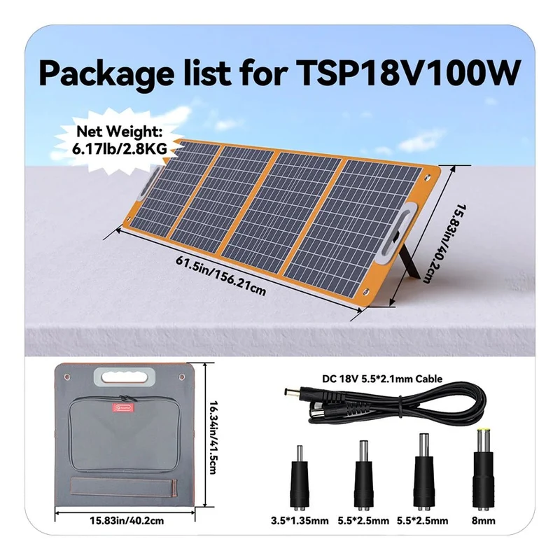 Panneau solaire pliable 18 V 60W-100W chargeur solaire portable avec sortie CC USB-C QC3.0 "FF-Flashfish - TSP18V / SP18V series"