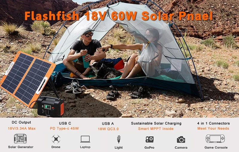 Panneau solaire pliable 18 V 60W-100W chargeur solaire portable avec sortie CC USB-C QC3.0 "FF-Flashfish - TSP18V / SP18V series"