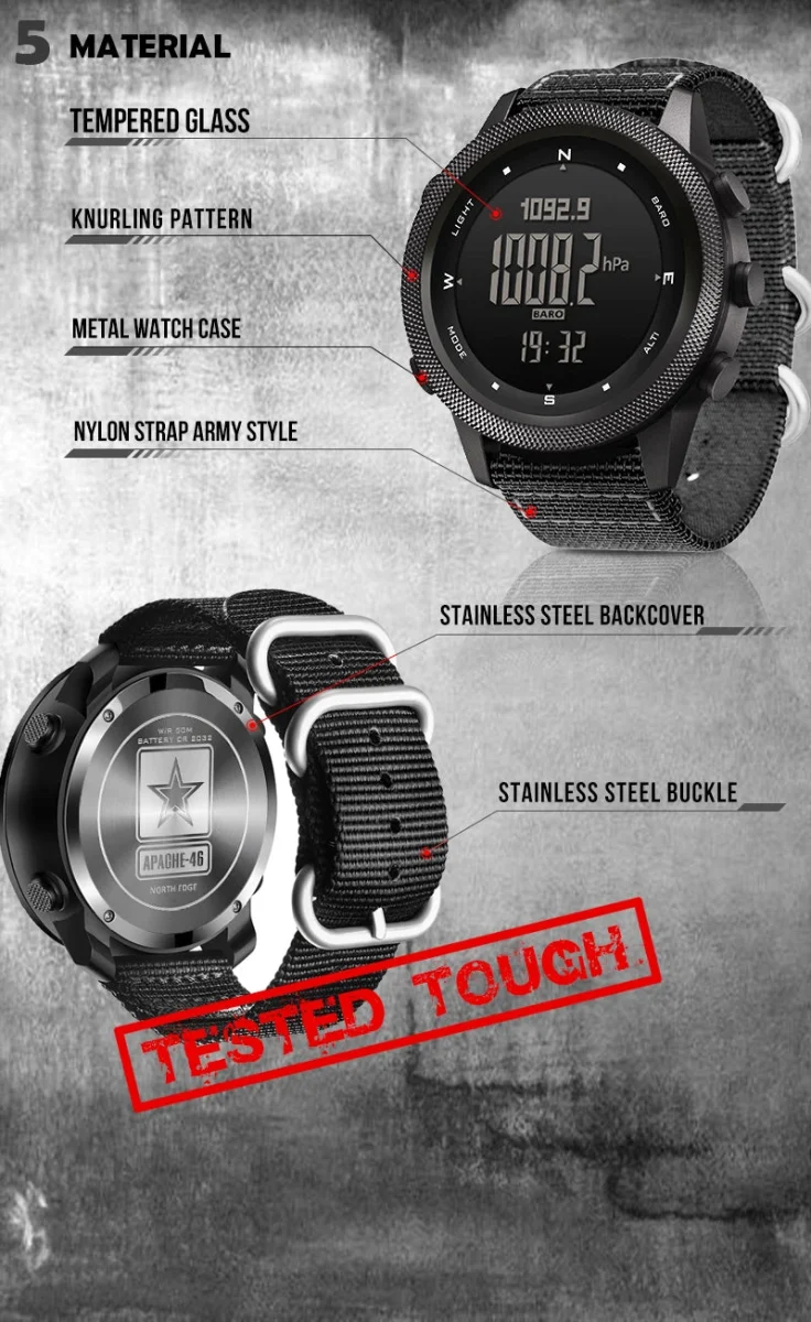 Montre numérique pour la randonnée et l'outdoor avec altimètre baromètre boussole WR50M "NORTH EDGE - APACHE 46"