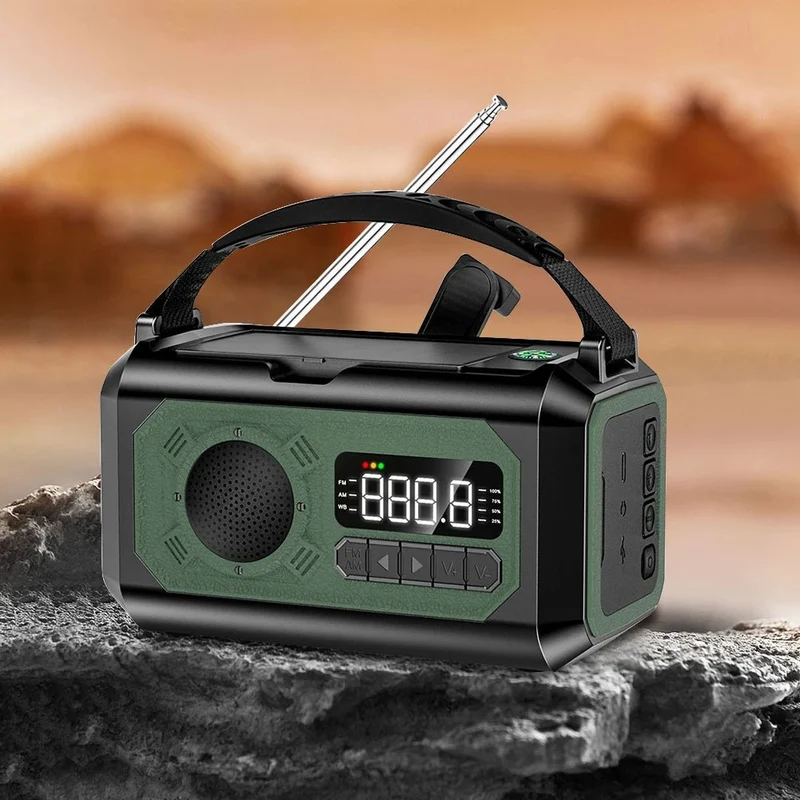 Radio d'urgence AM/FM portable avec éclairage LED 12 000 mAh, rechargeable USB, panneaux solaire et manivelle "ALLOYSEED - H17"
