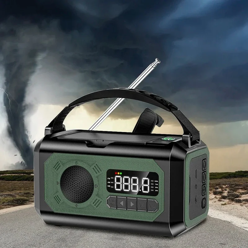 Radio d'urgence AM/FM portable avec éclairage LED 12 000 mAh, rechargeable USB, panneaux solaire et manivelle "ALLOYSEED - H17"
