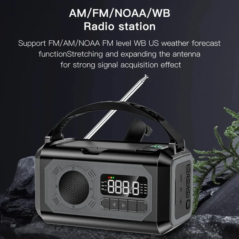 Radio d'urgence AM/FM portable avec éclairage LED 12 000 mAh, rechargeable USB, panneaux solaire et manivelle "ALLOYSEED - H17"