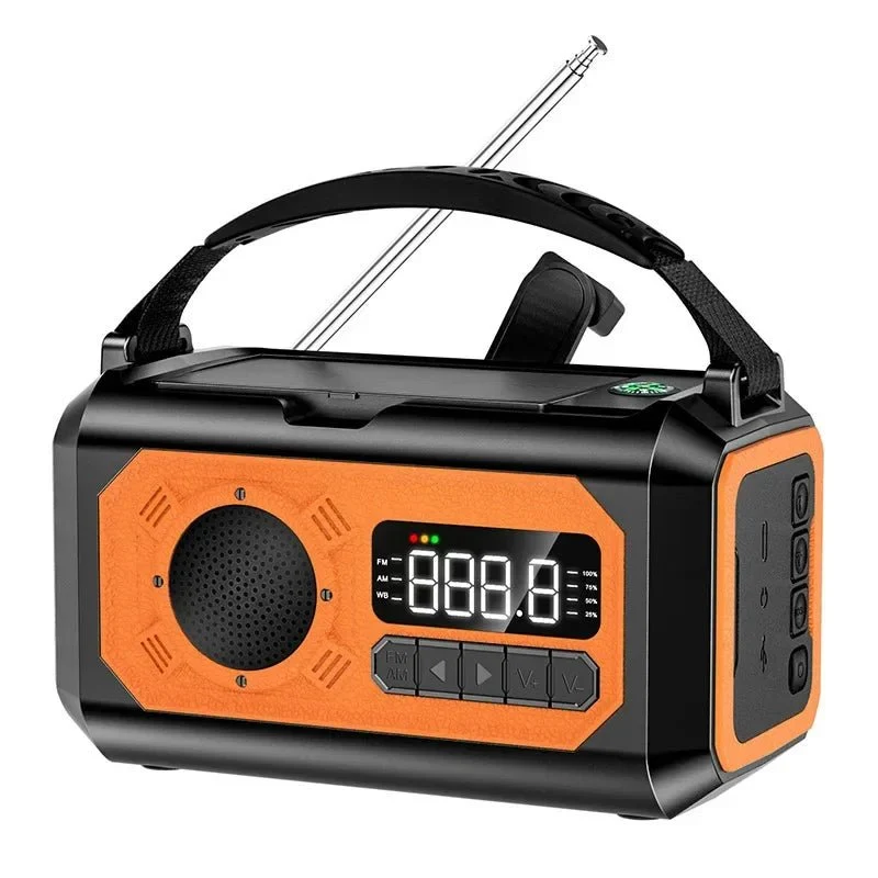Radio d'urgence AM/FM portable avec éclairage LED 12 000 mAh, rechargeable USB, panneaux solaire et manivelle "ALLOYSEED - H17"