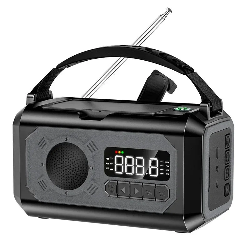 Radio d'urgence AM/FM portable avec éclairage LED 12 000 mAh, rechargeable USB, panneaux solaire et manivelle "ALLOYSEED - H17"