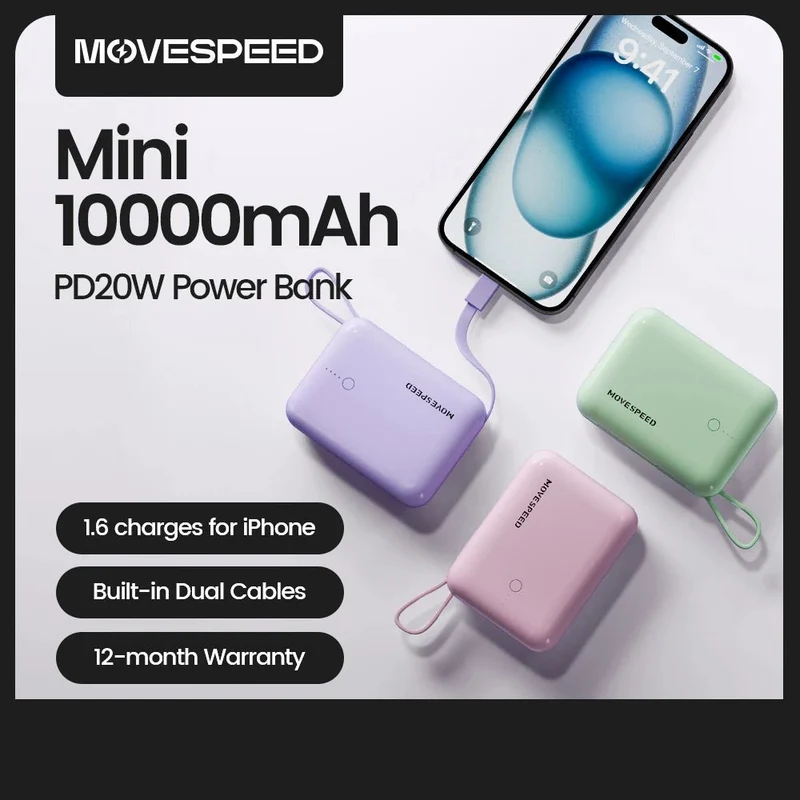 Mini-batterie externe / power bank 10000mAh avec câble Charge rapide 20W "MOVESPEED - Q10Plus"