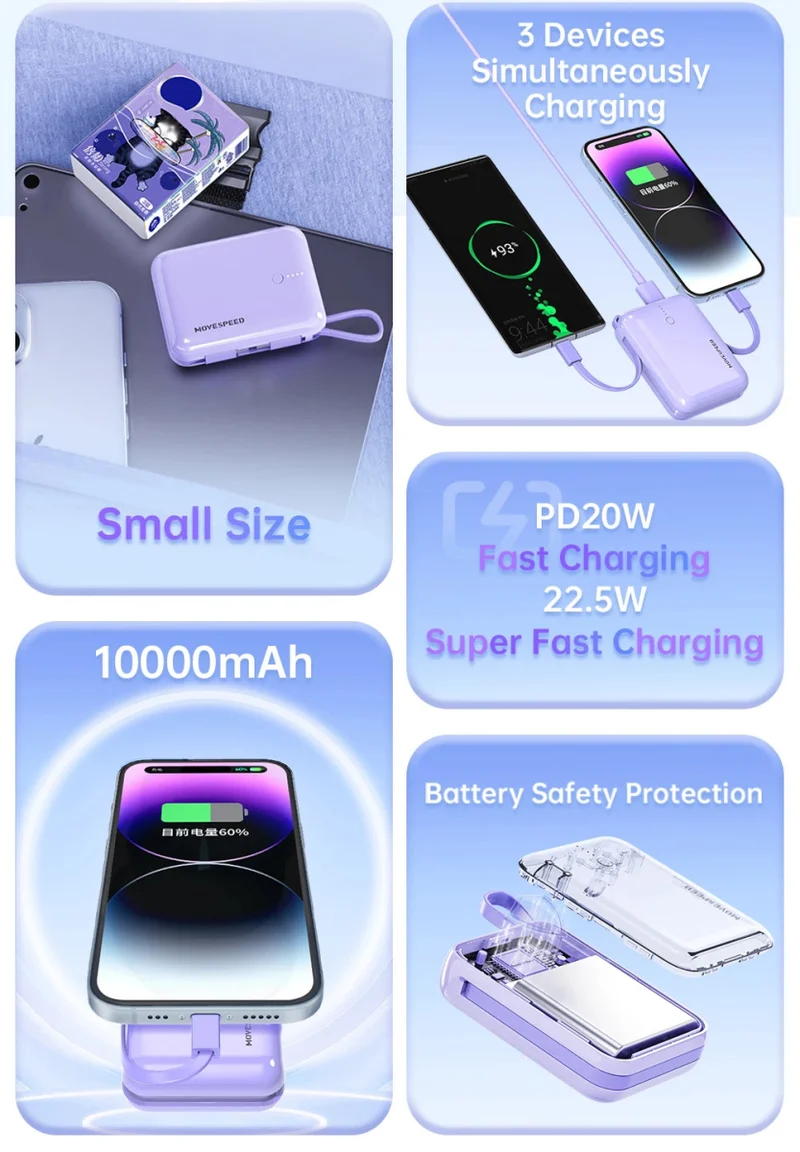 Mini-batterie externe / power bank 10000mAh avec câble Charge rapide 20W "MOVESPEED - Q10Plus"