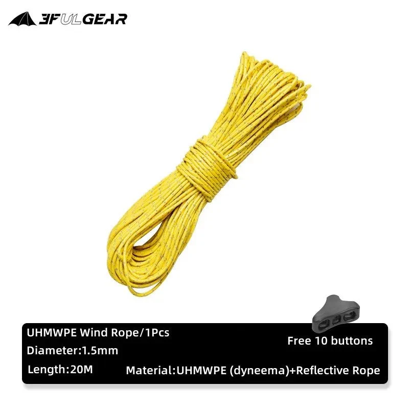 Cordelette réfléchissante en UHMWPE pour tente de bivouac / camping 1.5mm d'épaisseur 80g "3F UL GEAR - Wind Rope"