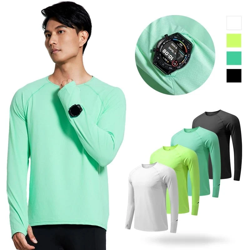 T-Shirt de course manches longues, Anti-UV UPF 50+, séchage rapide, pour homme avec passe-montre running "Queshark - DW154Z"